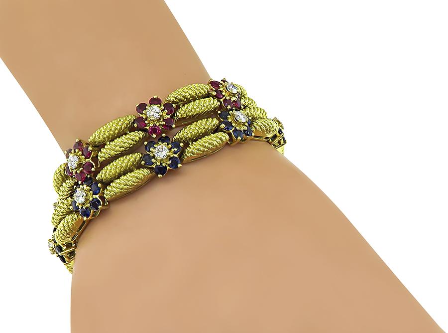 Estate Suite of Bertina Diamond and 6ct Ruby 6ct Sapphire 18kt Gold Bracelets