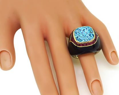 Estate 15.00ct Blue Topaz 3.00ct Ruby Onyx Gold Ring