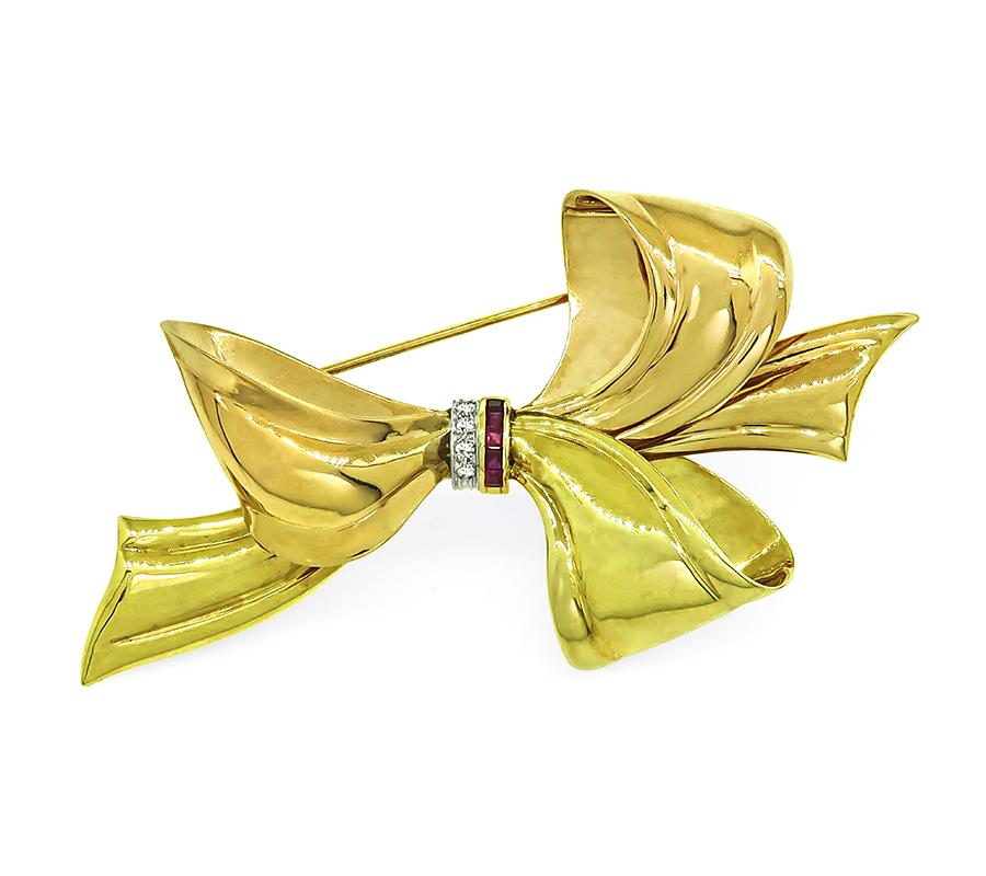 Estate Cartier Diamond Ruby Two Tone 14k Yellow and Pink Gold Bow Pin