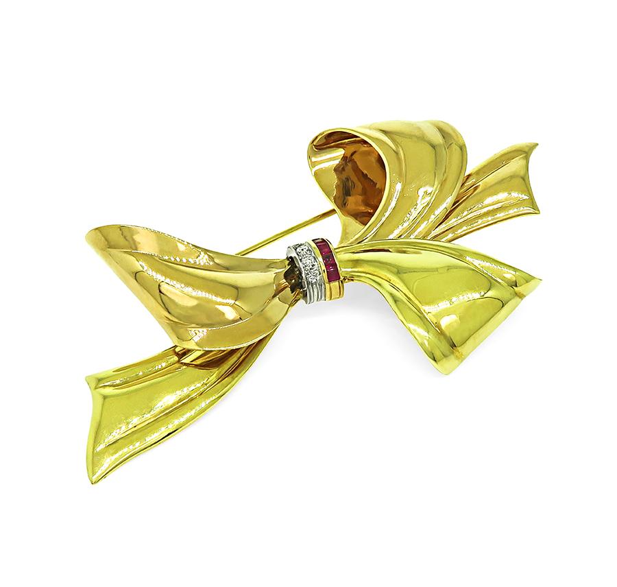 Estate Cartier Diamond Ruby Two Tone 14k Yellow and Pink Gold Bow Pin