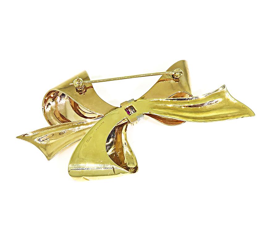 Estate Cartier Diamond Ruby Two Tone 14k Yellow and Pink Gold Bow Pin