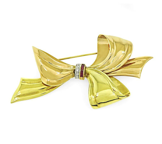 Estate Cartier Diamond Ruby Two Tone 14k Yellow and Pink Gold Bow Pin
