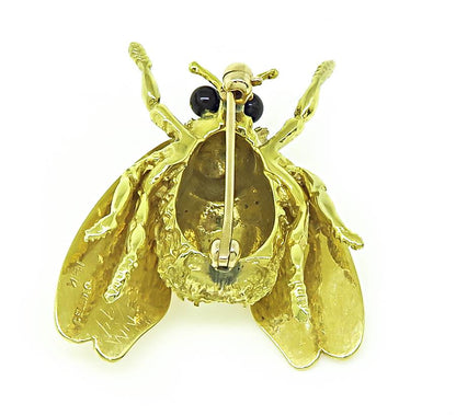 Estate Cellino Onyx 18k Yellow Gold Bee Pin