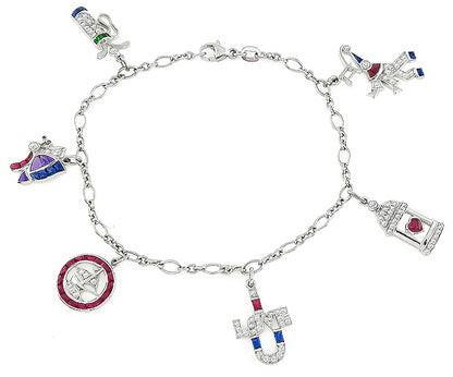 Art Deco 18k Gold Diamond Sapphire, Emerald, Amethyst & Rubys Charm Bracelet