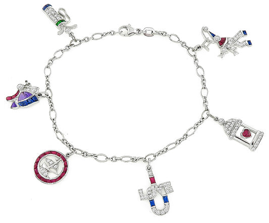 Art Deco 18k Gold Diamond Sapphire, Emerald, Amethyst & Rubys Charm Bracelet