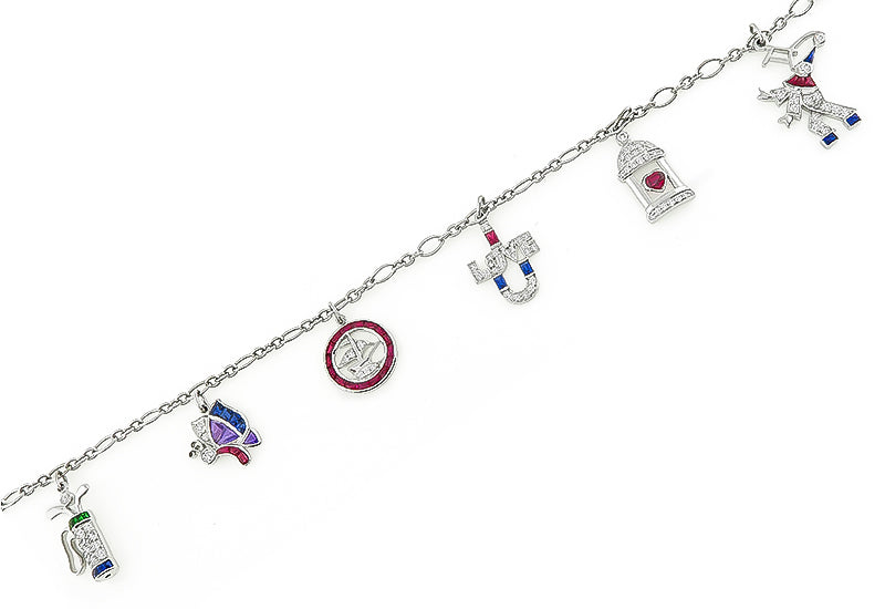 Art Deco 18k Gold Diamond Sapphire, Emerald, Amethyst & Rubys Charm Bracelet