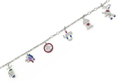 Art Deco 18k Gold Diamond Sapphire, Emerald, Amethyst & Rubys Charm Bracelet