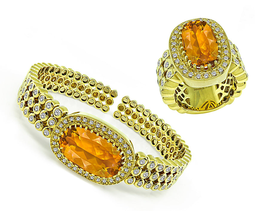 Estate Sonia B. 20.00ct Citrine 3.50ct Diamond Gold Bangle and Ring Set