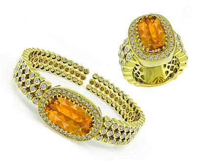 Estate Sonia B. 20.00ct Citrine 3.50ct Diamond Gold Bangle and Ring Set