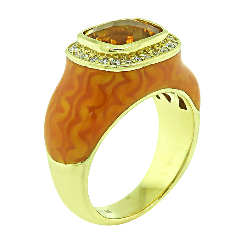 Estate 4.00ct Citrine 0.50ct Diamond Enamel Gold Ring
