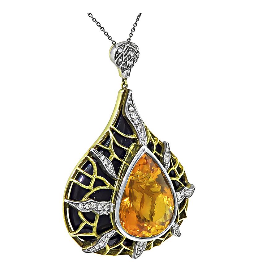 Estate 20.00ct Citrine 1.00ct Diamond Onyx 18k Yellow Gold and Silver Pendant