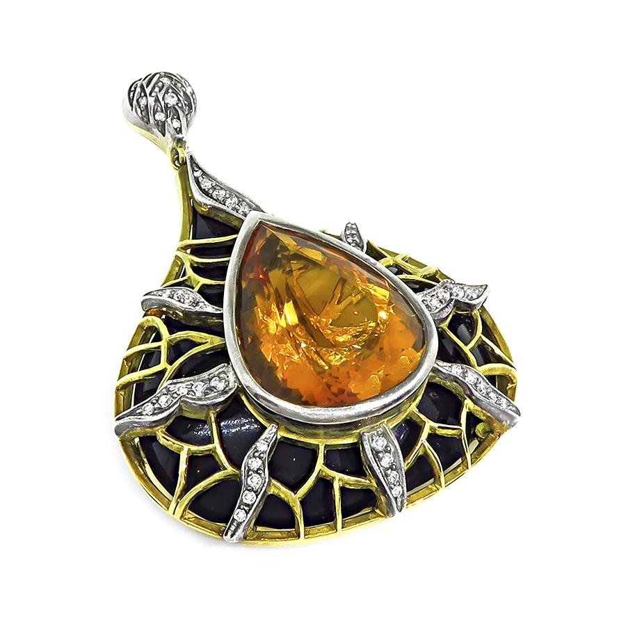 Estate 20.00ct Citrine 1.00ct Diamond Onyx 18k Yellow Gold and Silver Pendant