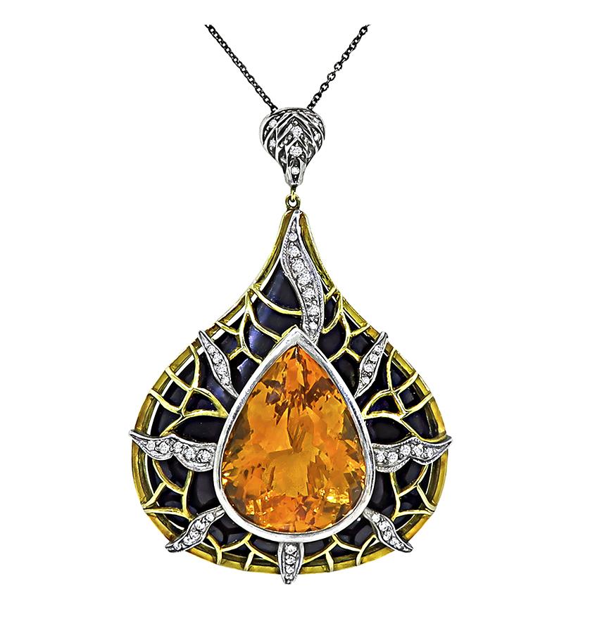 Estate 20.00ct Citrine 1.00ct Diamond Onyx 18k Yellow Gold and Silver Pendant