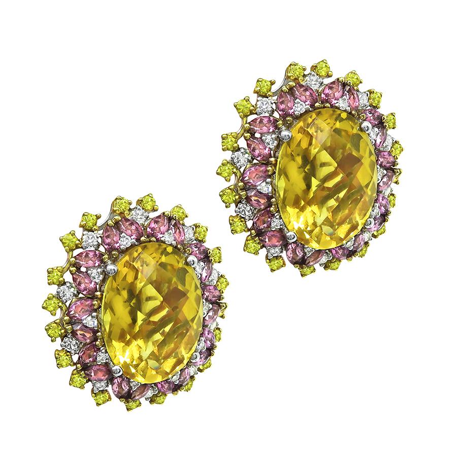 Estate 17.15ct Citrine 2.72ct Pink Tourmaline 1.12ct Sapphire 18k Gold Earrings