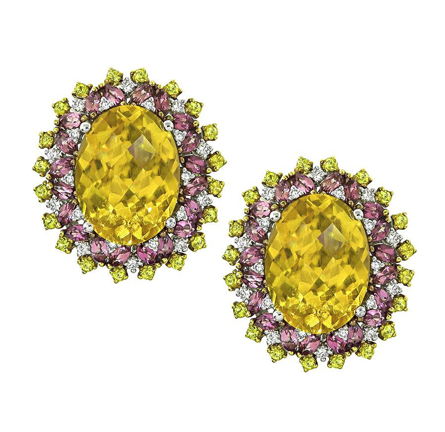 Estate 17.15ct Citrine 2.72ct Pink Tourmaline 1.12ct Sapphire 18k Gold Earrings