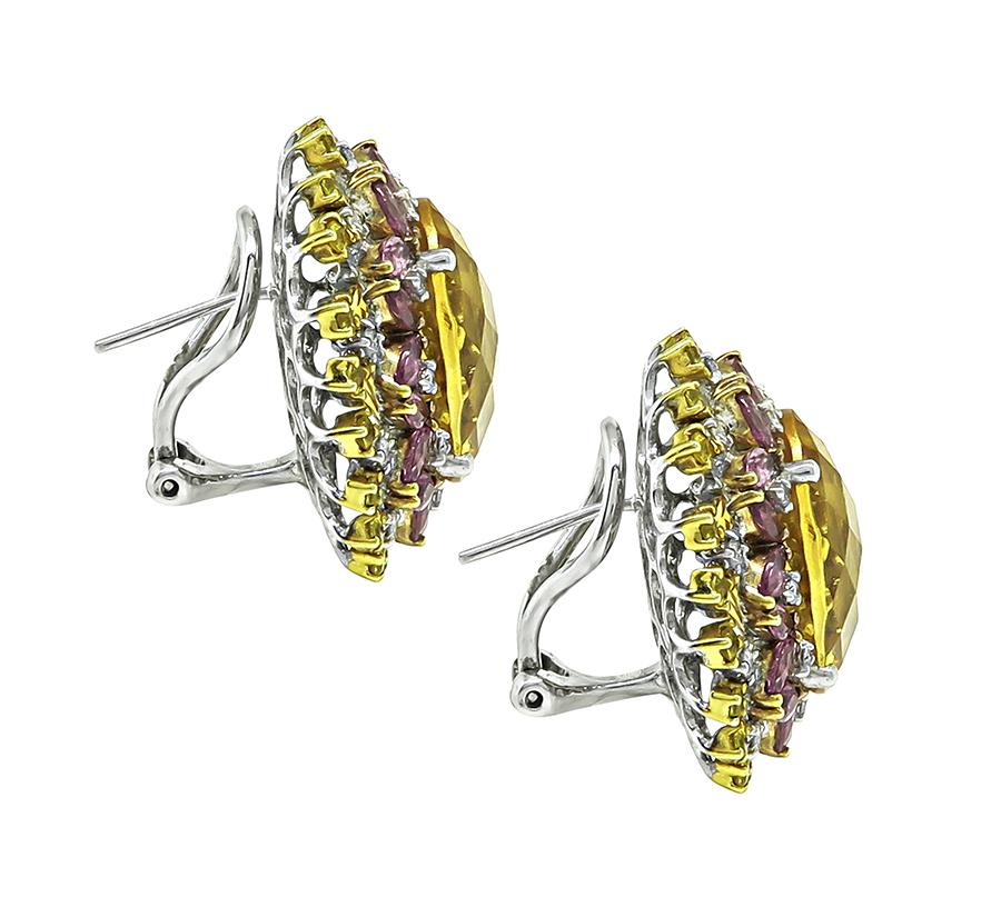 Estate 17.15ct Citrine 2.72ct Pink Tourmaline 1.12ct Sapphire 18k Gold Earrings