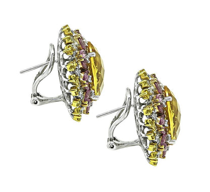 Estate 17.15ct Citrine 2.72ct Pink Tourmaline 1.12ct Sapphire 18k Gold Earrings