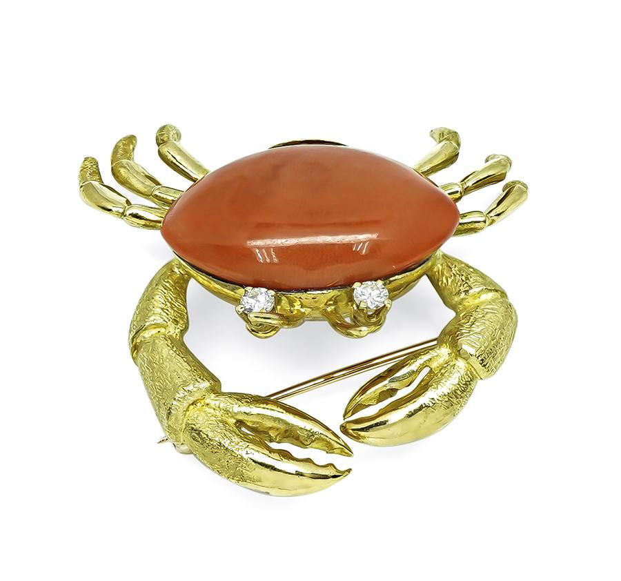 Estate Coral Diamond 18k Yellow Gold Crab Pin