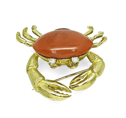 Estate Coral Diamond 18k Yellow Gold Crab Pin