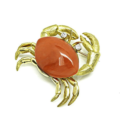 Estate Coral Diamond 18k Yellow Gold Crab Pin