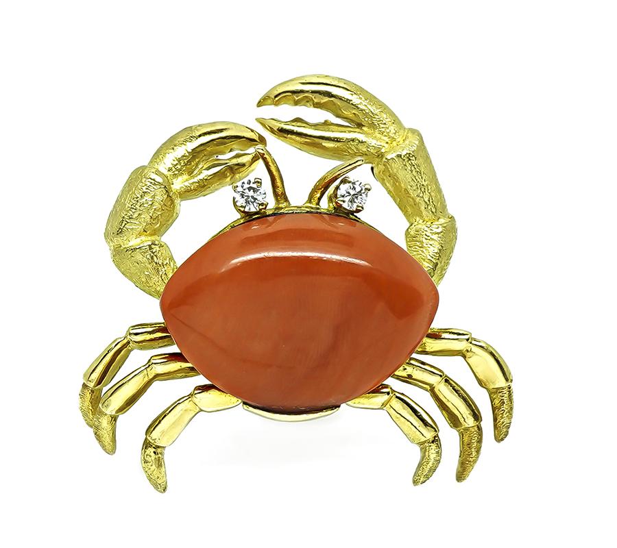 Estate Coral Diamond 18k Yellow Gold Crab Pin
