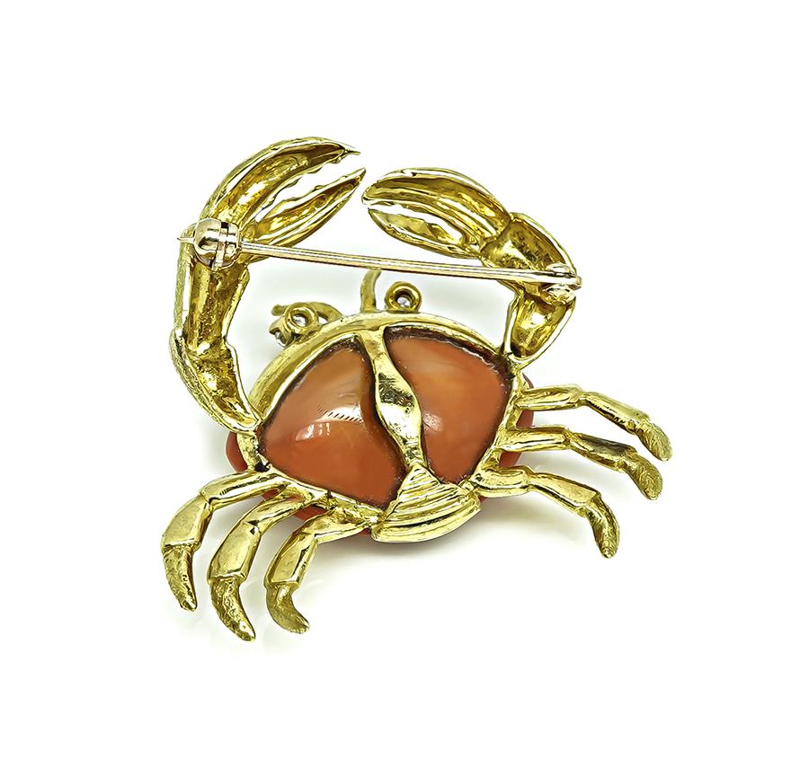 Estate Coral Diamond 18k Yellow Gold Crab Pin