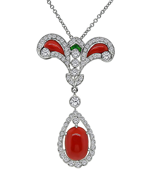 Estate Coral 1.50ct Diamond Pendant Necklace