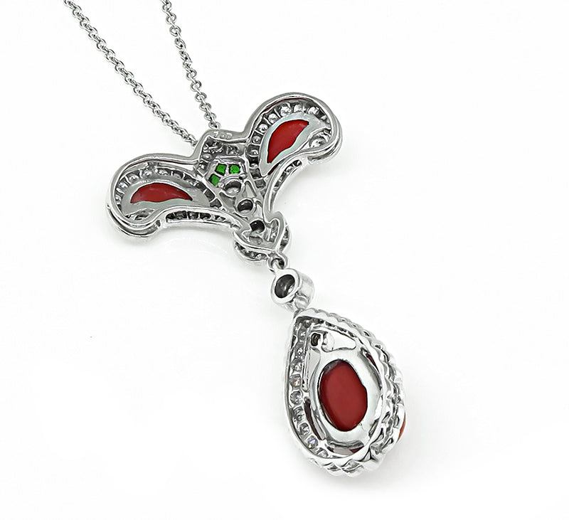 Estate Coral 1.50ct Diamond Pendant Necklace