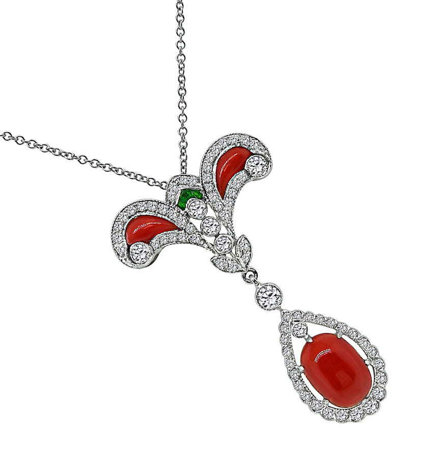Estate Coral 1.50ct Diamond Pendant Necklace