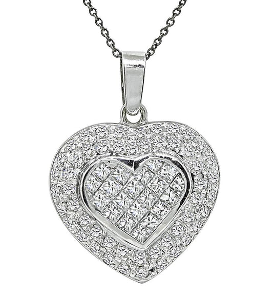 Estate 3.00ct Diamond 18k White Gold Heart Pendant