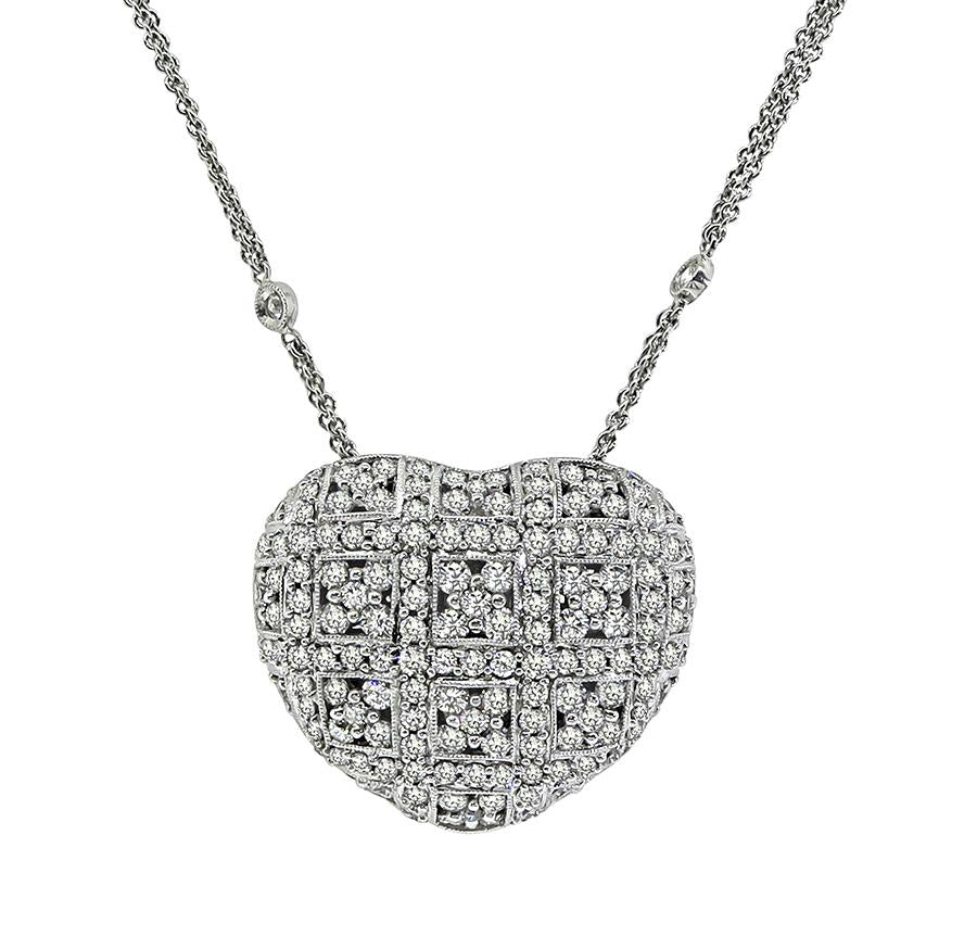 Estate 3.75ct Diamond 18k White Gold Heart Pendant Necklace
