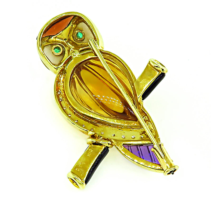 Estate 0.13ct Diamond Multi Gemstone Gold Barn Owl Pin
