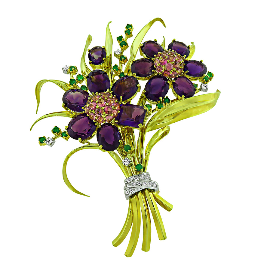 Estate 52ct Amethyst 3.60ct Pink Sapphire 1.00ct Diamond 0.80ct Emerald Gold Pin