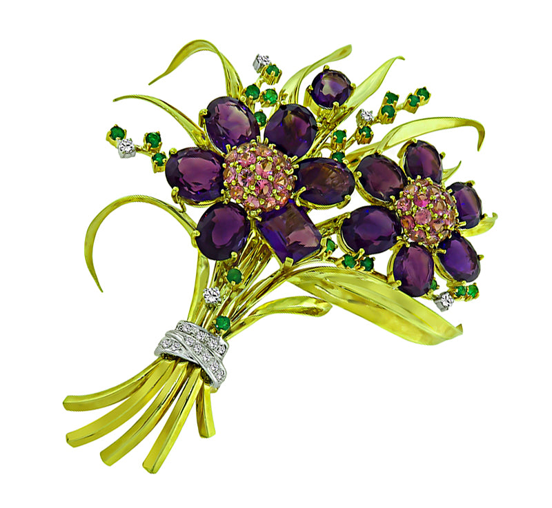 Estate 52ct Amethyst 3.60ct Pink Sapphire 1.00ct Diamond 0.80ct Emerald Gold Pin