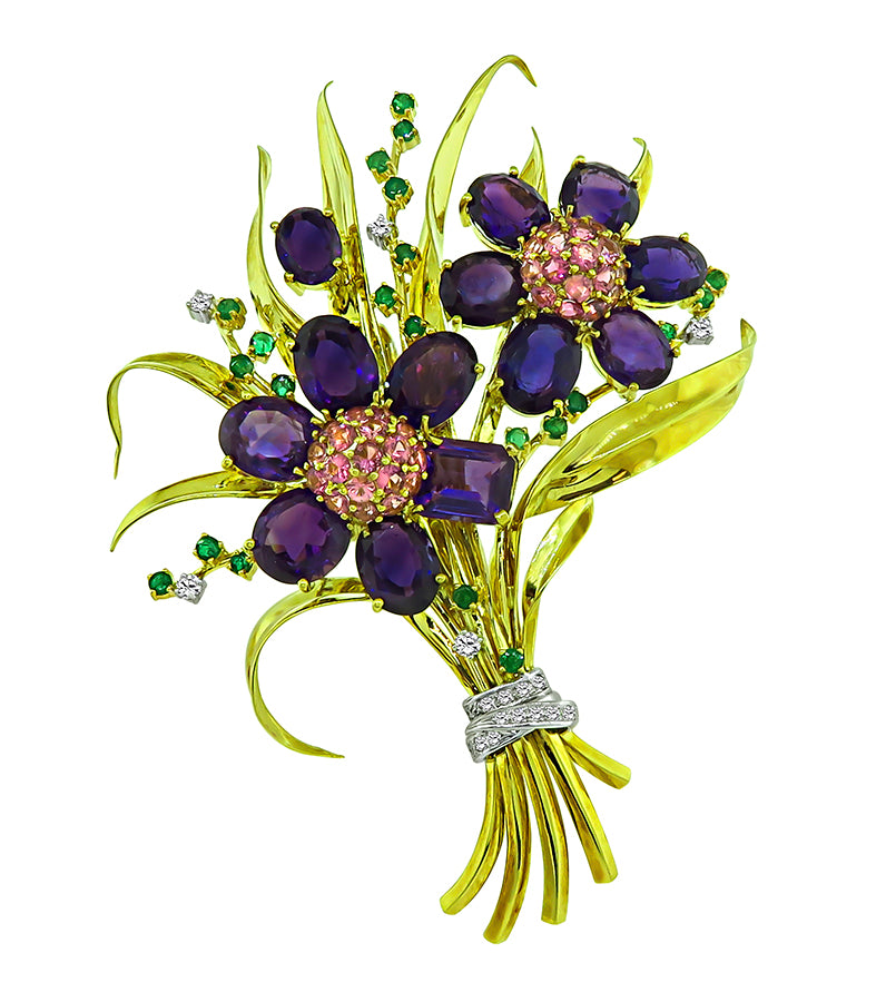 Estate 52ct Amethyst 3.60ct Pink Sapphire 1.00ct Diamond 0.80ct Emerald Gold Pin