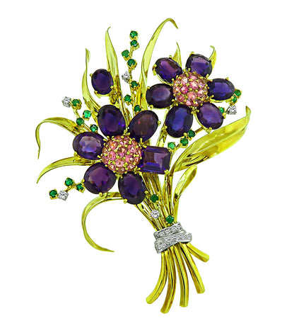 Estate 52ct Amethyst 3.60ct Pink Sapphire 1.00ct Diamond 0.80ct Emerald Gold Pin