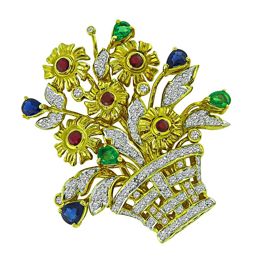 Estate 1.00ct Diamond Multi Color Precious Stone Gold Basket Pin