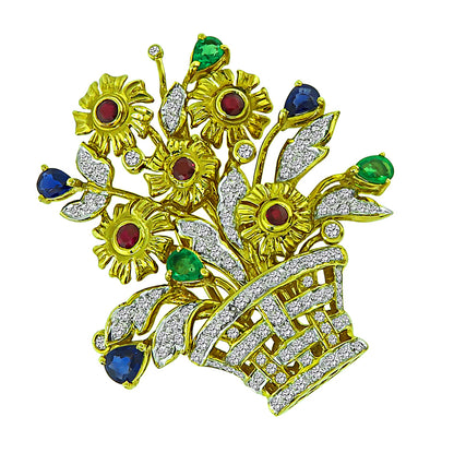 Estate 1.00ct Diamond Multi Color Precious Stone Gold Basket Pin