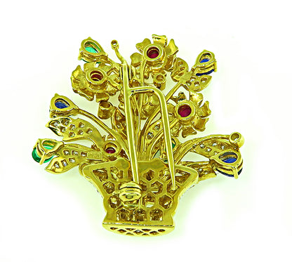 Estate 1.00ct Diamond Multi Color Precious Stone Gold Basket Pin