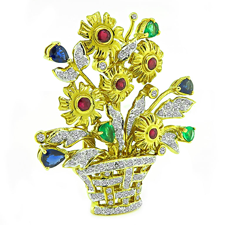 Estate 1.00ct Diamond Multi Color Precious Stone Gold Basket Pin
