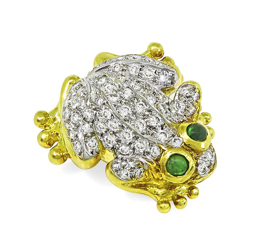 Estate 1.00ct Diamond Emerald 18k Yellow and White Gold Frog Pin