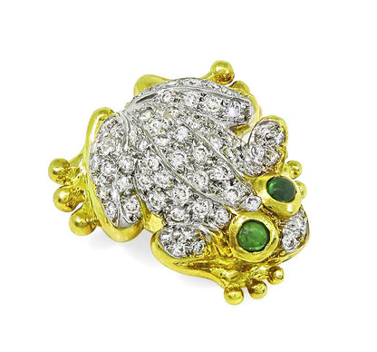 Estate 1.00ct Diamond Emerald 18k Yellow and White Gold Frog Pin