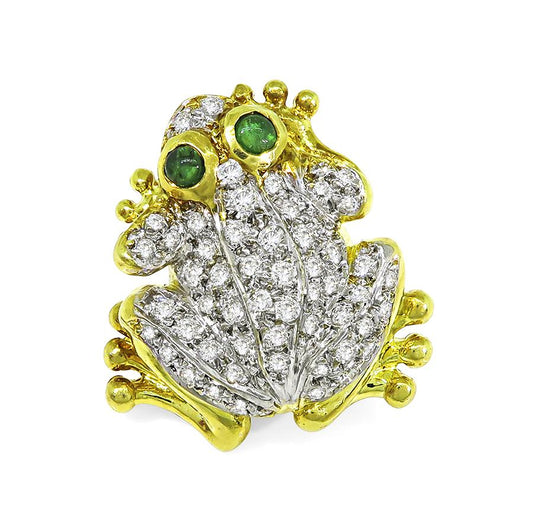 Estate 1.00ct Diamond Emerald 18k Yellow and White Gold Frog Pin