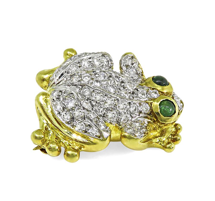 Estate 1.00ct Diamond Emerald 18k Yellow and White Gold Frog Pin