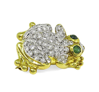 Estate 1.00ct Diamond Emerald 18k Yellow and White Gold Frog Pin
