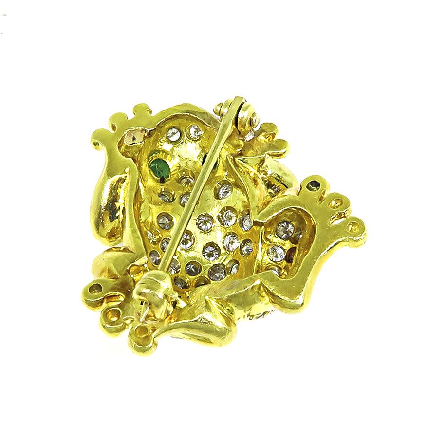 Estate 1.00ct Diamond Emerald 18k Yellow and White Gold Frog Pin