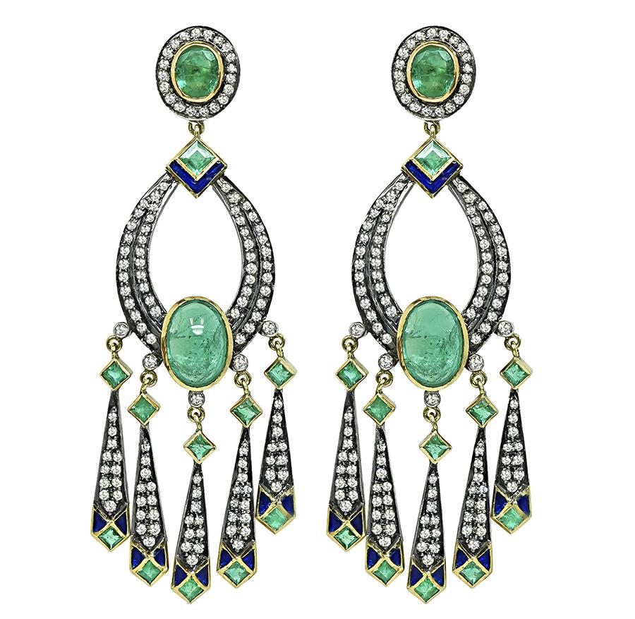 Vintage 7.00ct Emerald 3.00ct Diamond Chandelier Earrings