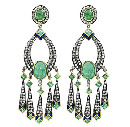 Vintage 7.00ct Emerald 3.00ct Diamond Chandelier Earrings