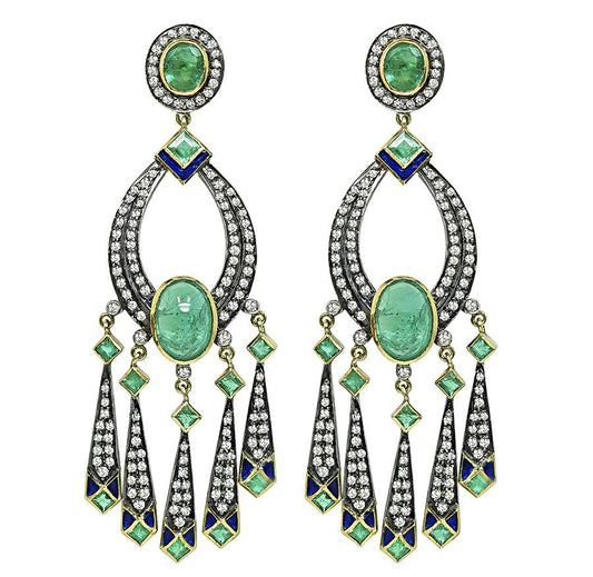 Vintage 7.00ct Emerald 3.00ct Diamond Chandelier Earrings
