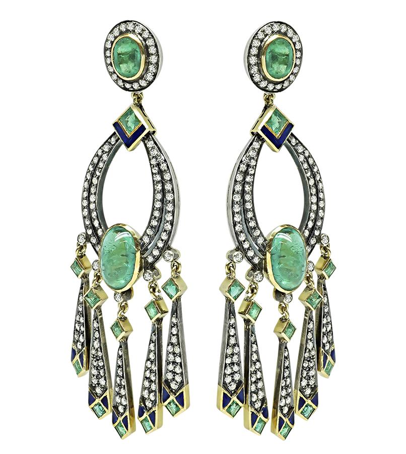Vintage 7.00ct Emerald 3.00ct Diamond Chandelier Earrings